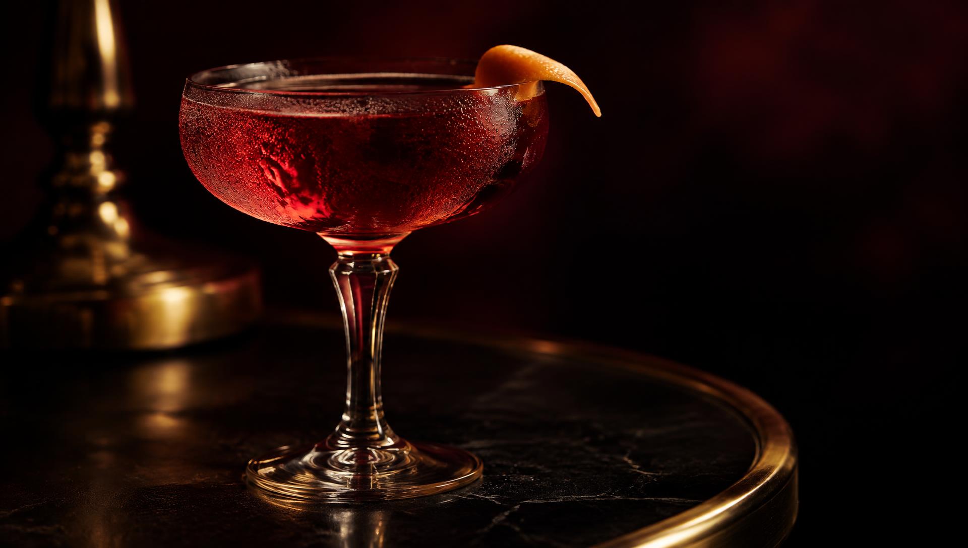 A deep red cocktail in a crystal coupe, condensation catching warm brass light