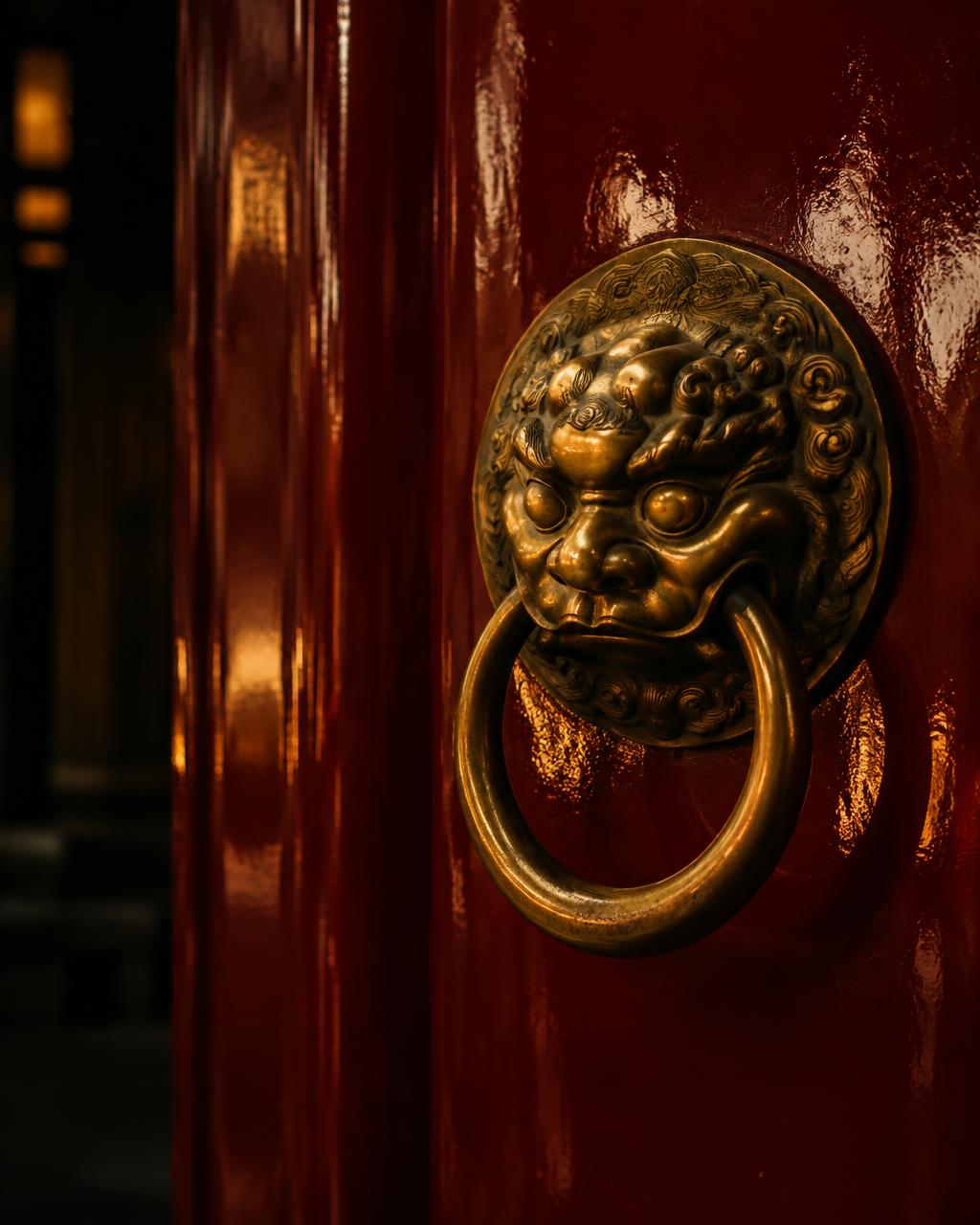 Brass knocker on a red lacquered door