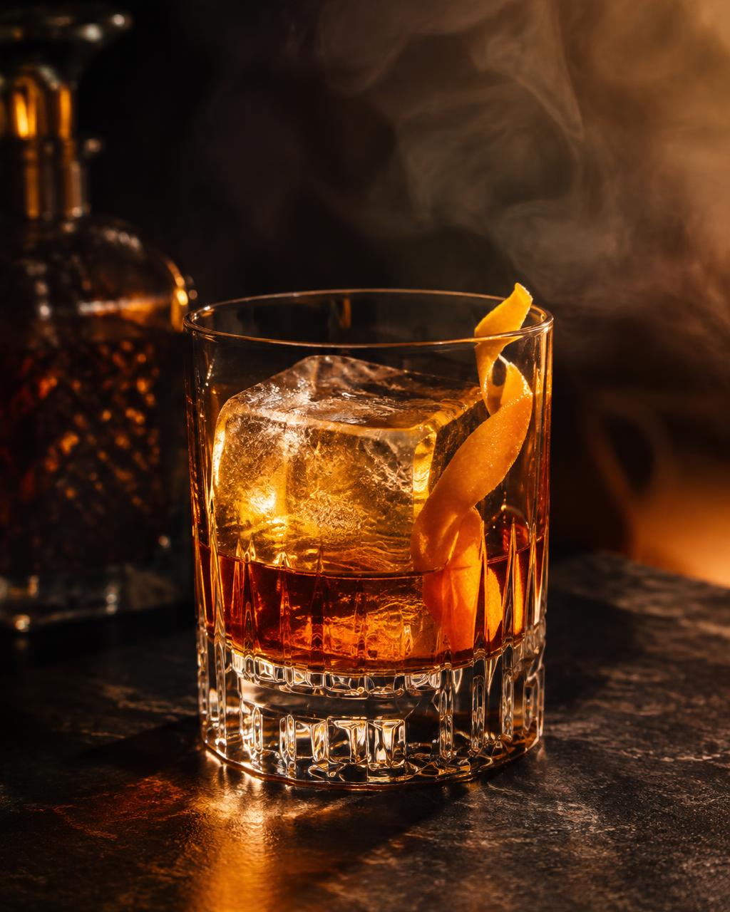 An old fashioned with a twist of orange peel in smoky amber light